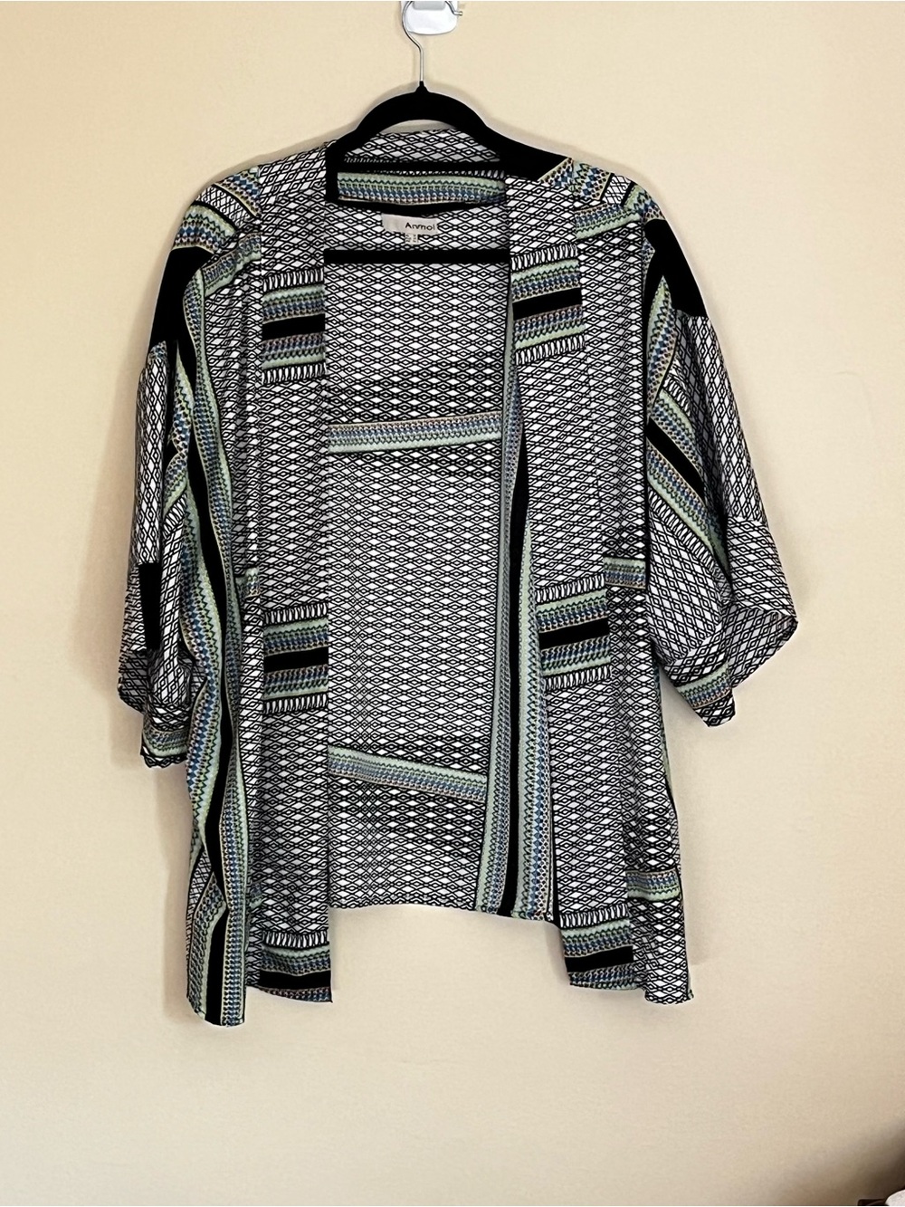 AnmoiOpen Front Geometric Print Kimono - Black, White & Mint size 14